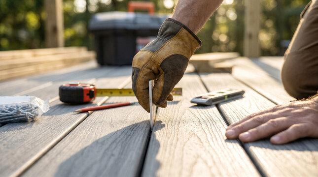 Setting a deck board with a tape measure and pencil on the boards alongside